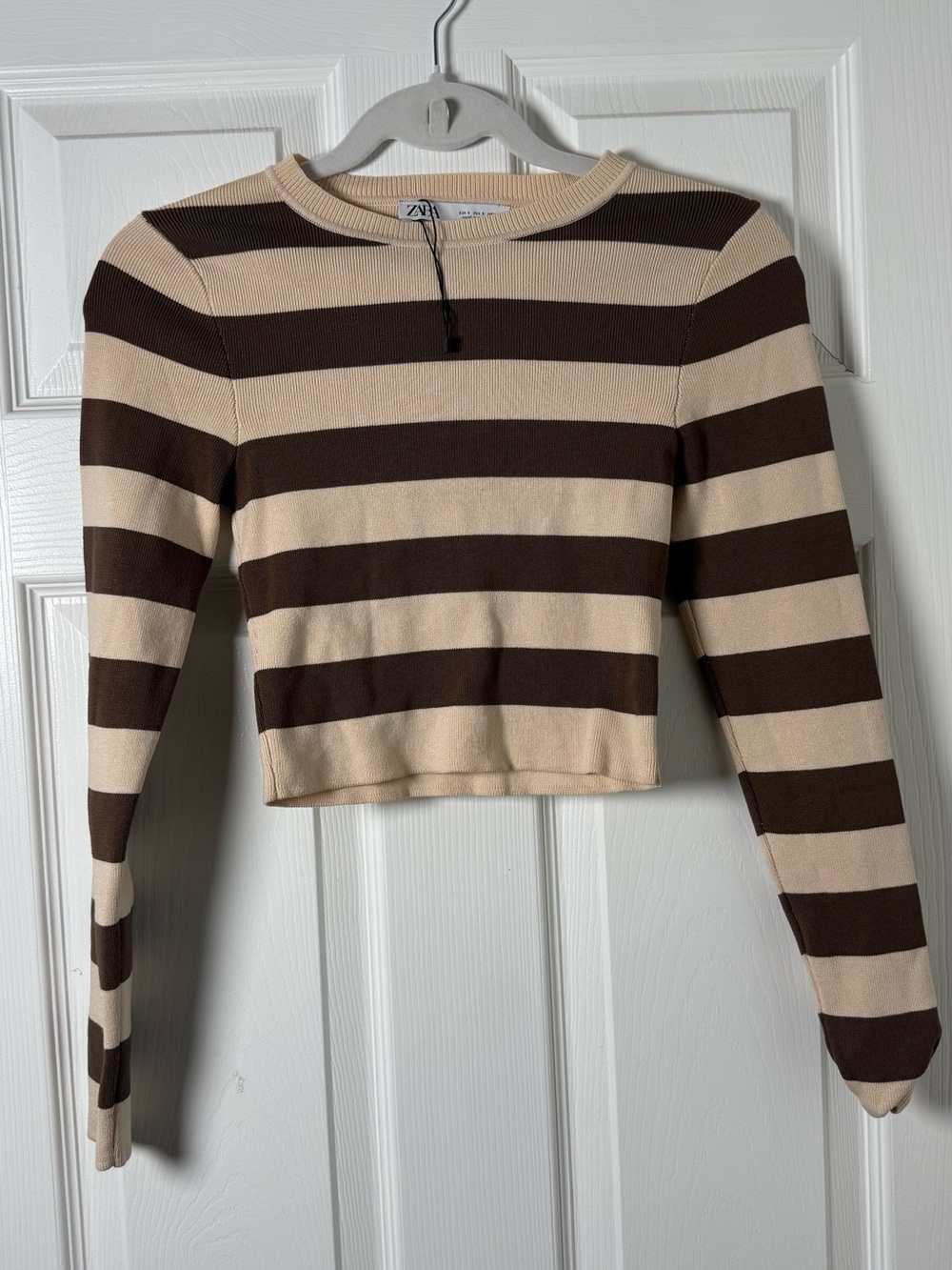 Zara Cream and Brown Striped Long-Sleeve Crop Top
